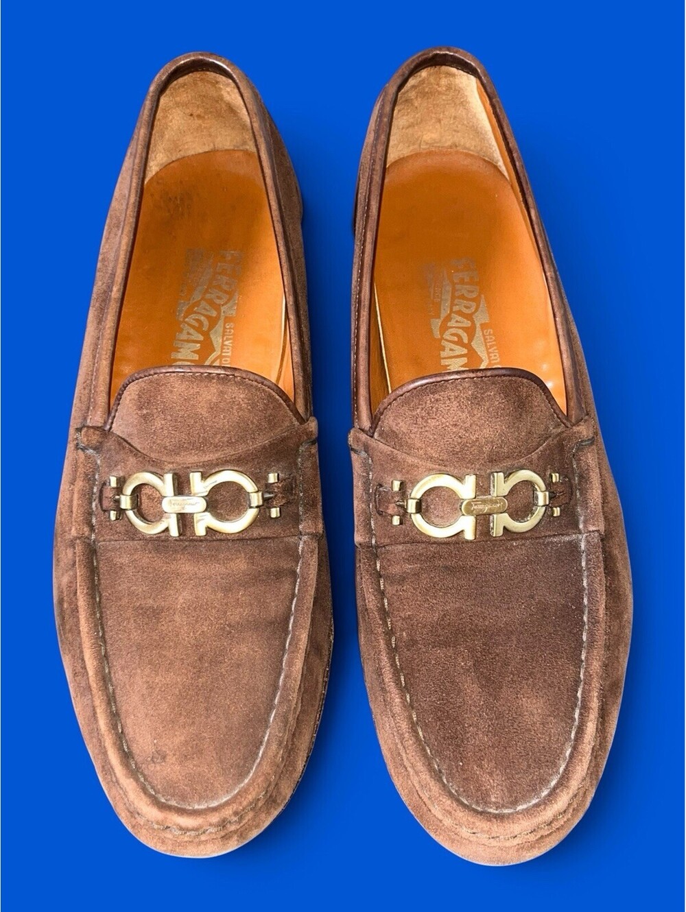 Vintage Ferragamo Bramante 90s Brown Suede Gancini Bit Loafers 9D Luxury Shoes